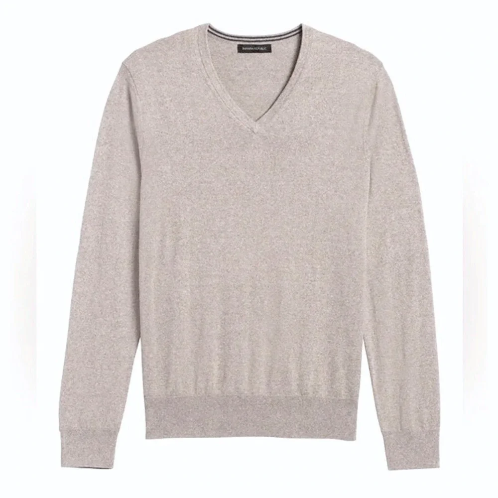 BANANA REPUBLIC Luxury Blend Silk Cashmere‎ V Neck Sweater SZ L Beige Tan Casual
